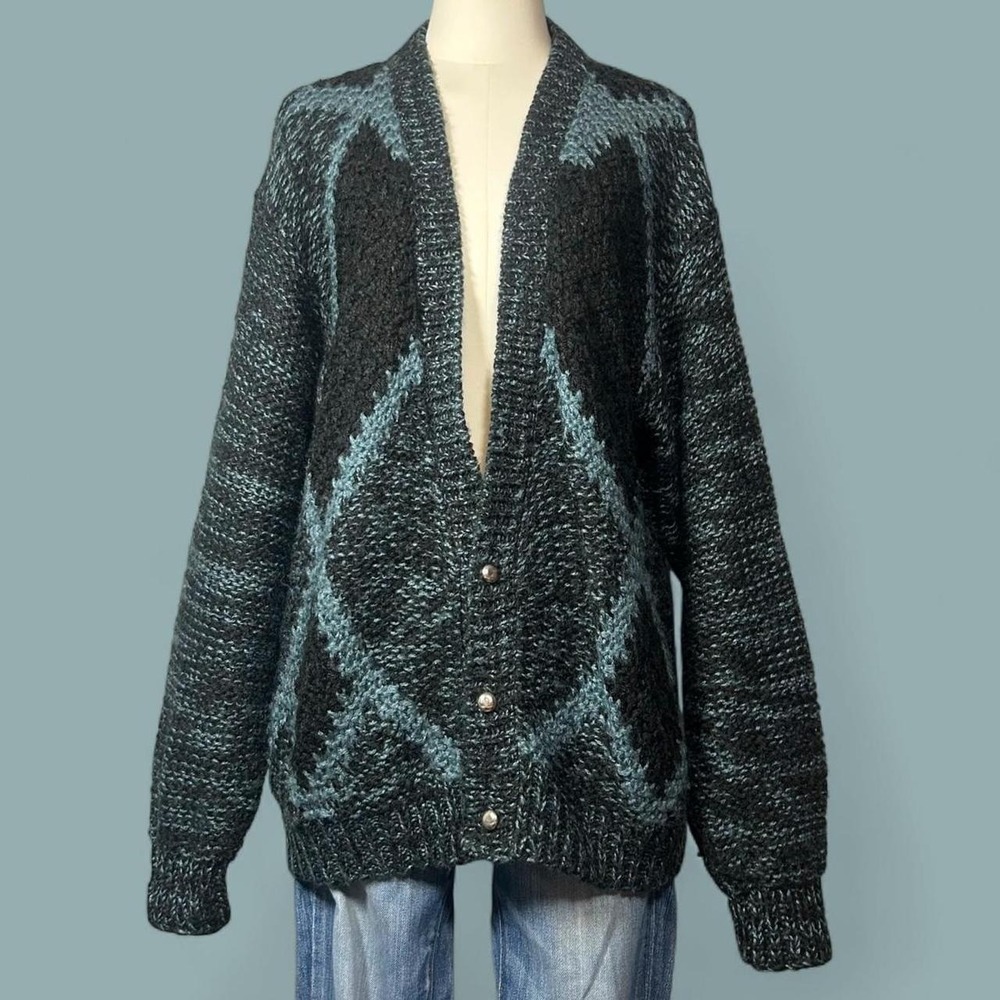 Vintage 80s Chunky Oversized Knit Cardigan Geometric Alt Whimsigoth Womens S
